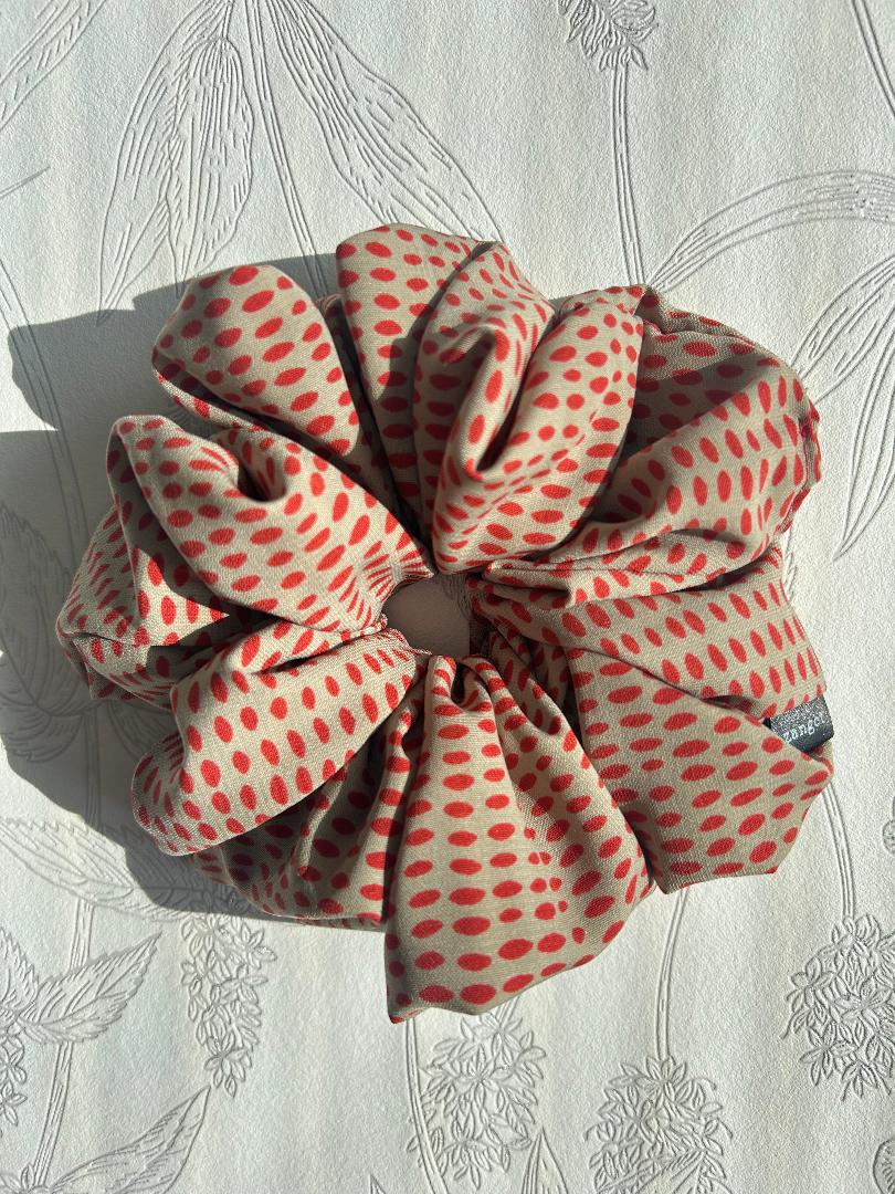 Large Red/Taupe Polkadot Scrunchie