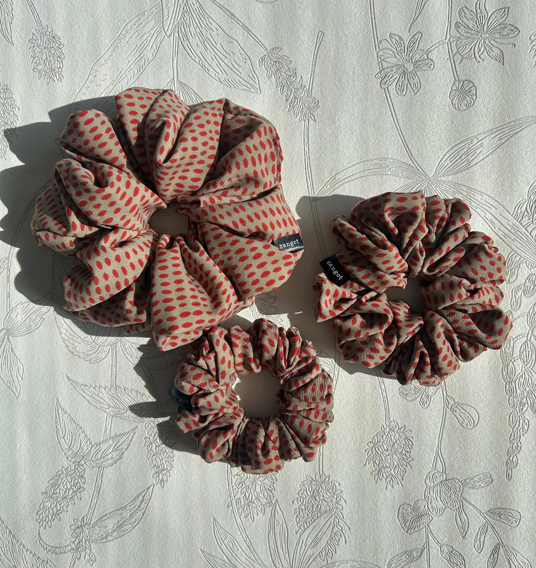 Large Red/Taupe Polkadot Scrunchie